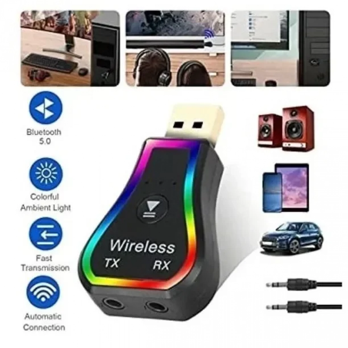 Ασύρματο Bluetooth audio Transmitter και Receiver USB μαύρο με RGB LED φωτισμό Q-TR31 Andowl