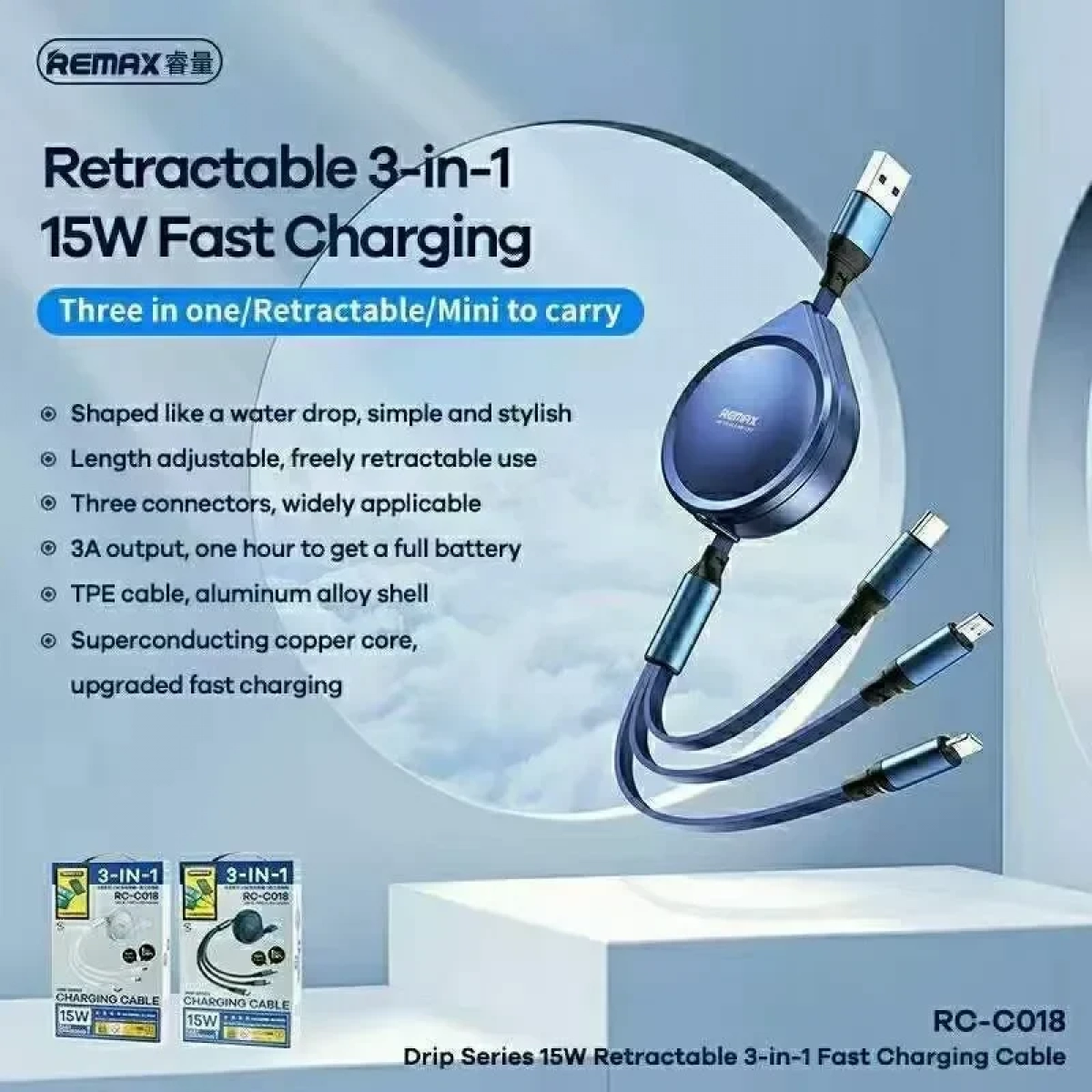 Remax Water Drop RC-C018 Flat / Retractable USB to Lightning / Type-C / micro USB Cable Ασημί 1.2m - Image 2