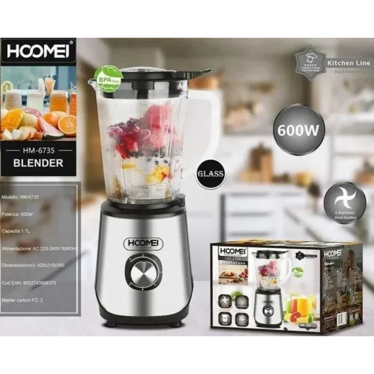 Hoomei HM-6735 Μπλέντερ 1.7lt 600W Inox