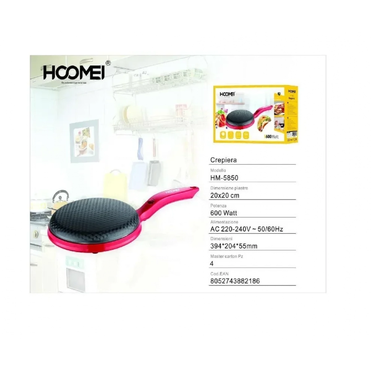 Hoomei HM-5850 Κρεπιέρα 20cm Κόκκινη 600W