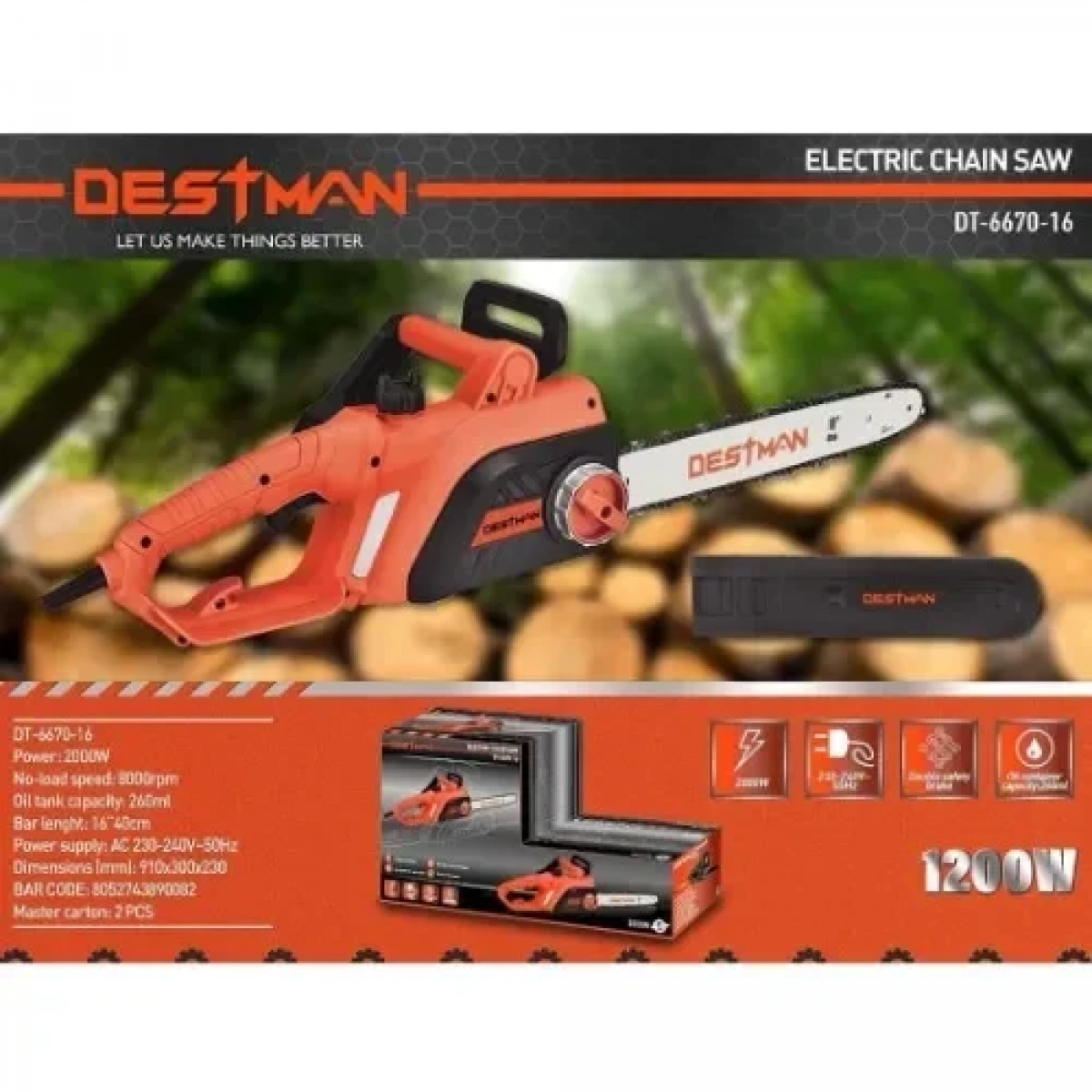 Ηλεκτρικό αλυσοπρίονο 2000W με Λάμα 40cm Destman DT-6670-16