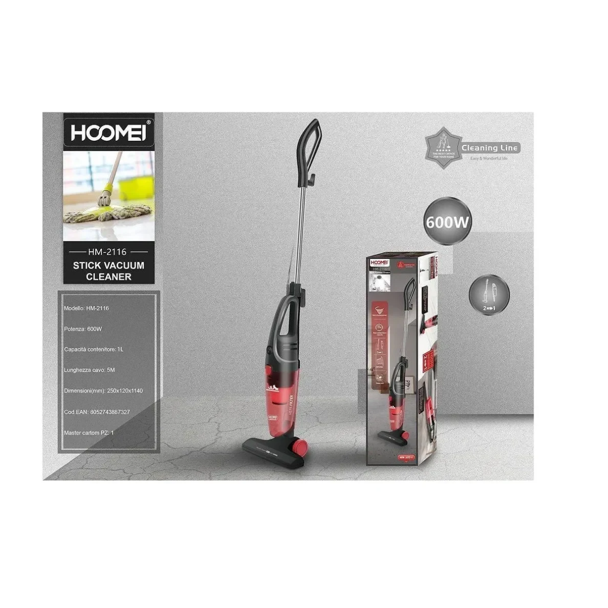 Hoomei HM-2116 Ηλεκτρική Σκούπα Stick & Χειρός 600W Κόκκινη