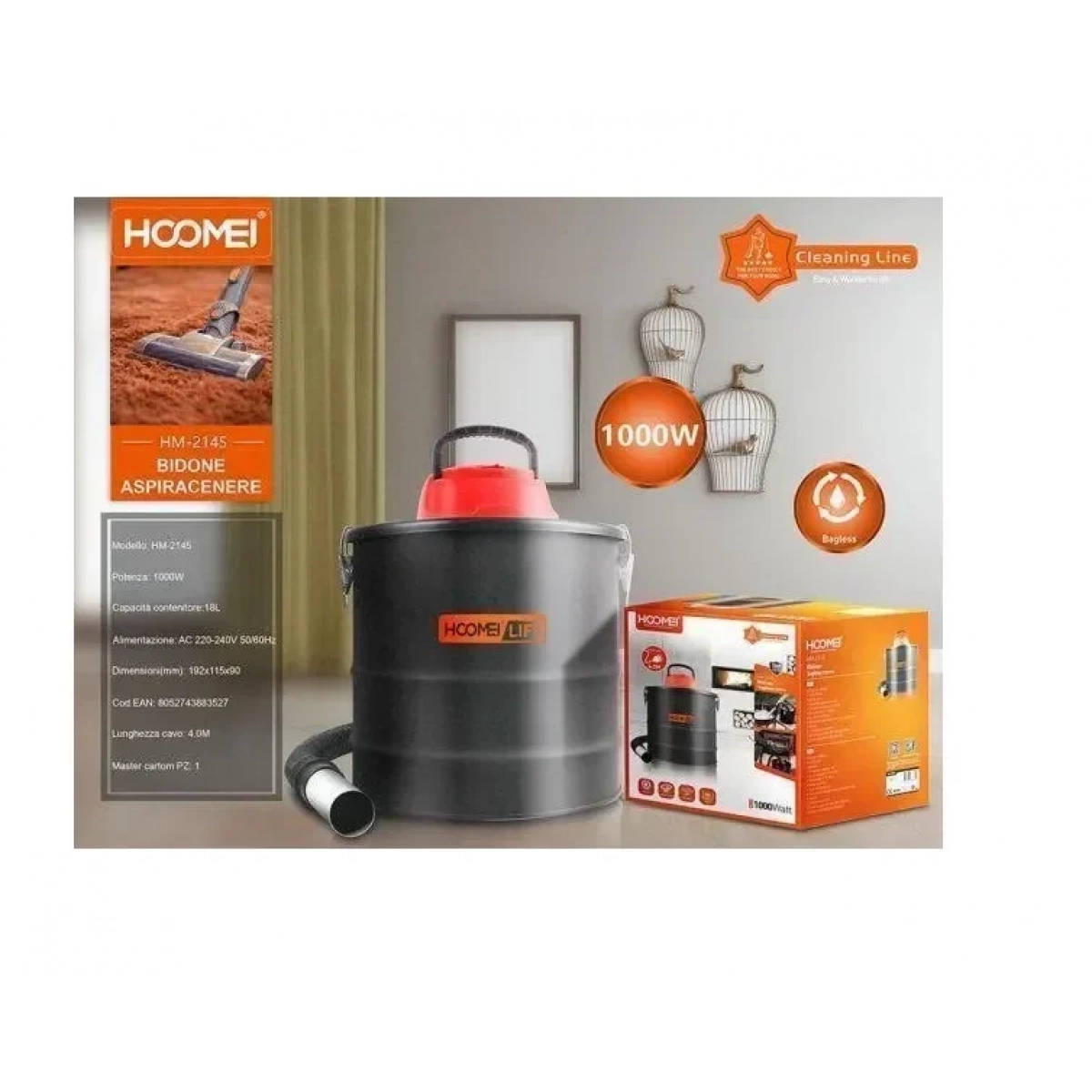 Hoomei HM-2145 Σκούπα Στάχτης 1000W με Κάδο 18lt