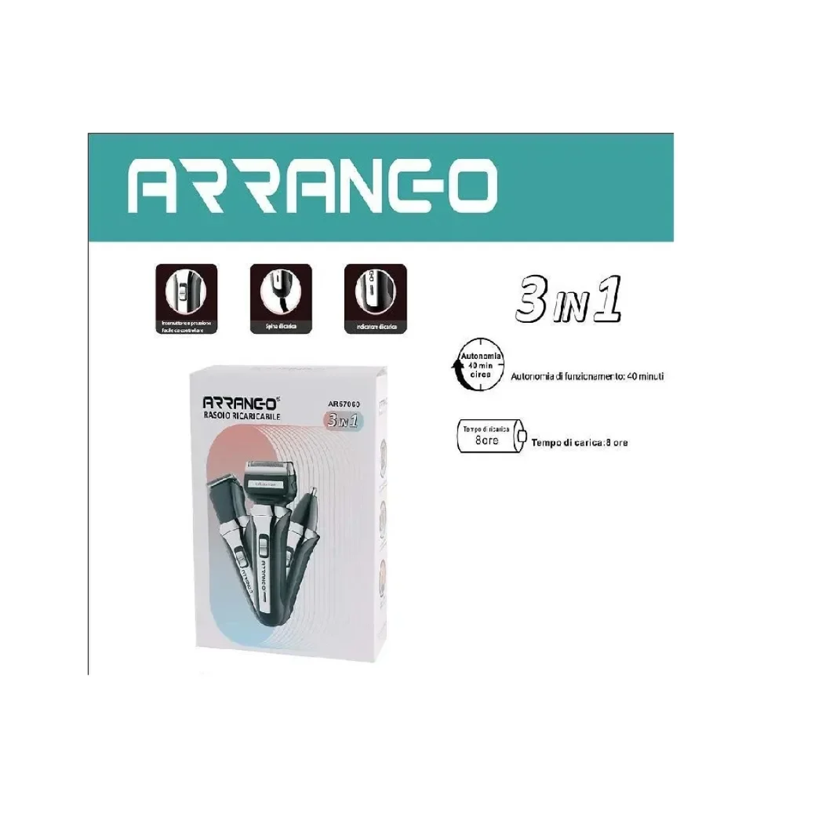 Επαναφορτιζόμενη 3 σε 1 κουρευτική μηχανή Arrango AR57060 Μαύρο