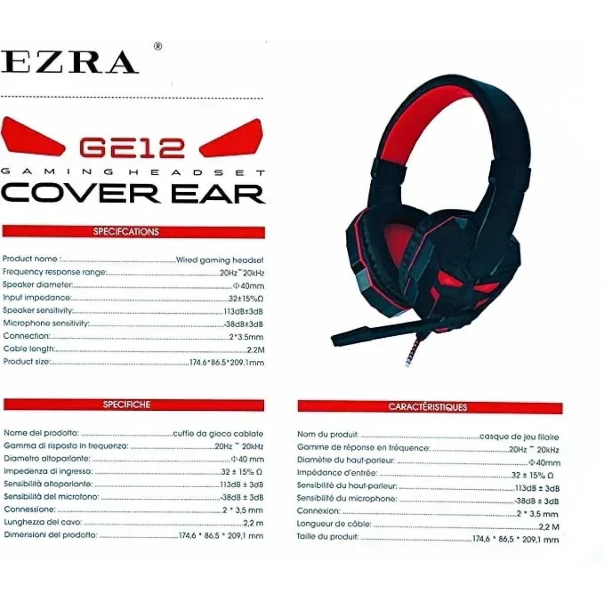 EZRA GE12 Gaming PC Headphones με 2,2μ καλώδιο Μαύρο/Κόκκινο - Image 3