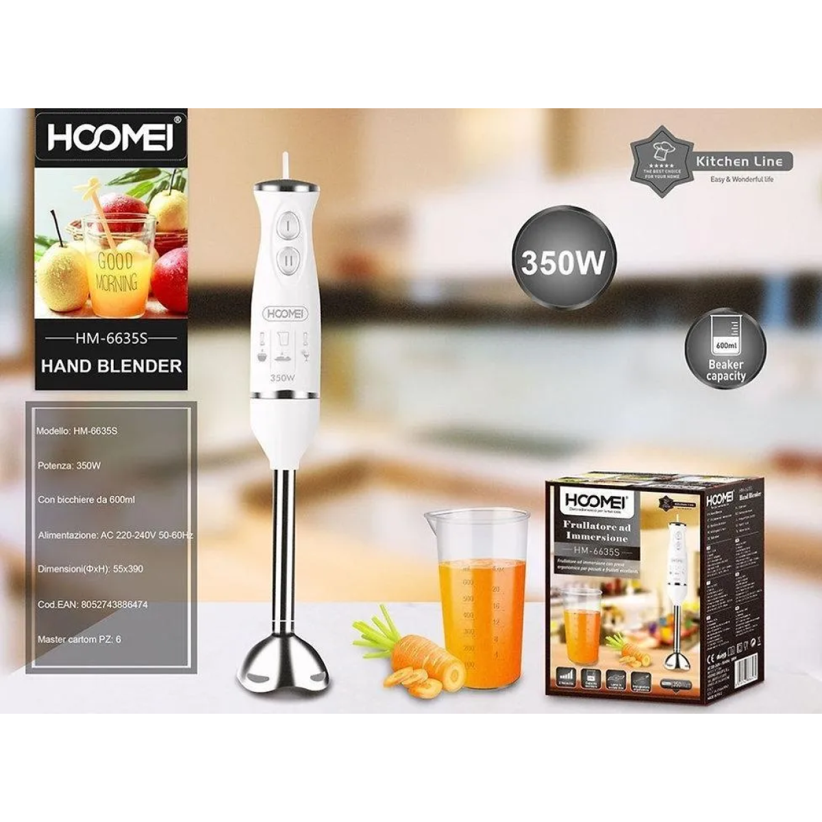 Ραβδομπλέντερ με Ανοξείδωτη Ράβδο 350W Hoomei HM-6635S Λευκό