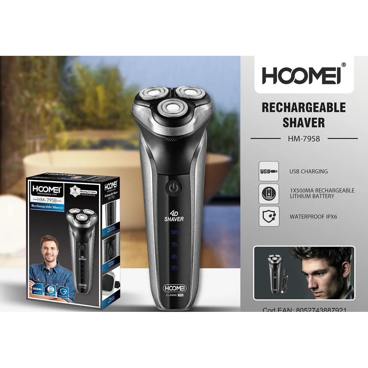 Hoomei Grey HM-7958 Ξυριστική Μηχανή Προσώπου Επαναφορτιζόμενη