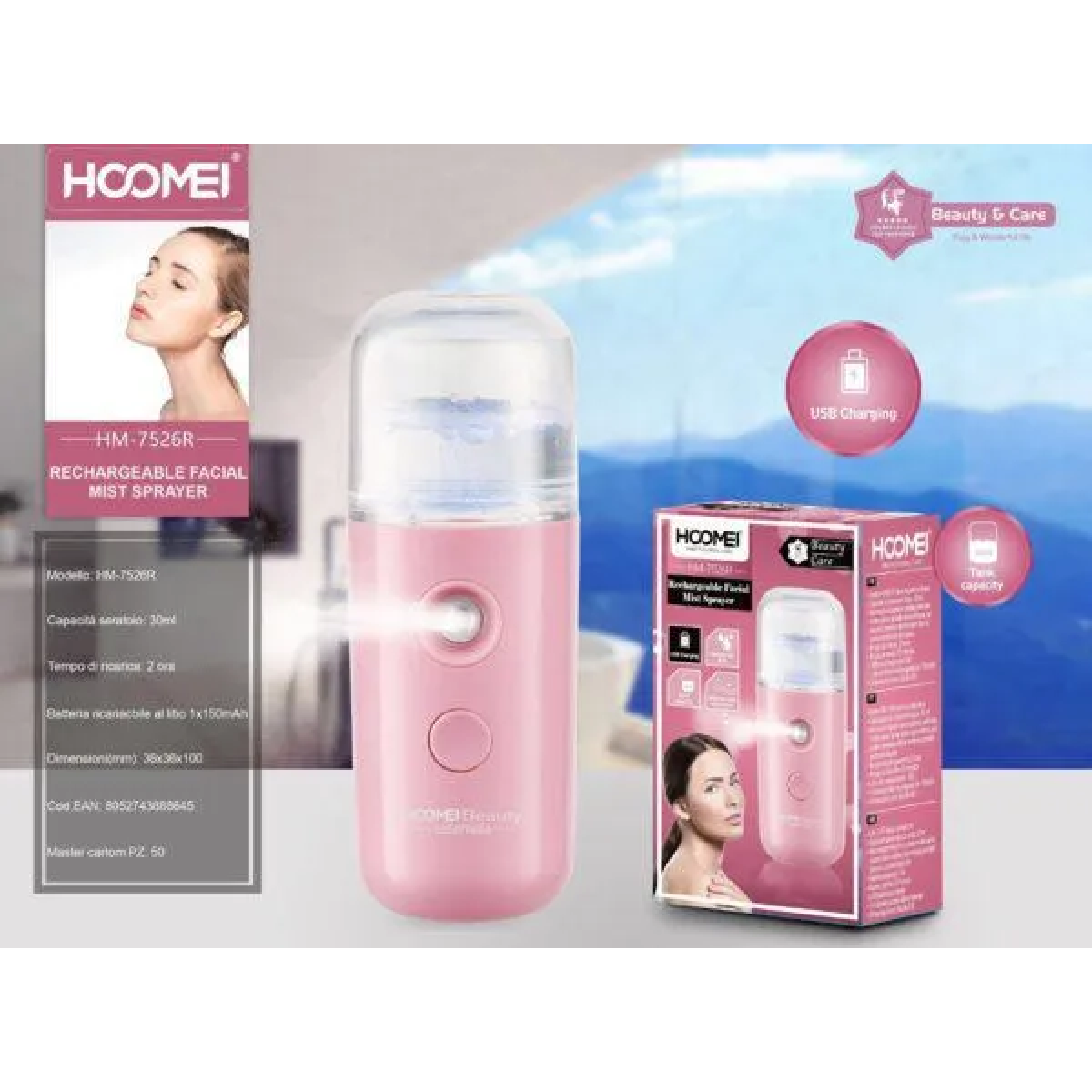 Επαναφορτιζόμενος ψεκαστήρας προσώπου 30ml Facial Mist Spray Hoomei HM-7526R Ροζ