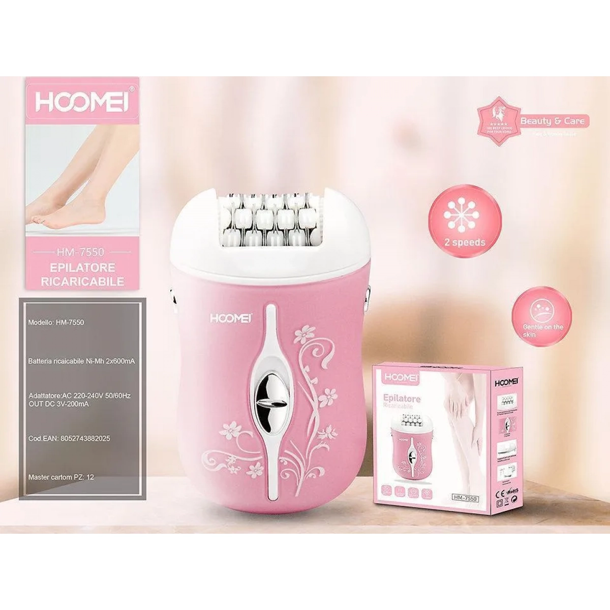 Επαναφορτιζόμενη Αποτριχωτική Μηχανή Epilator για Σώμα Hoomei HM-7550 Ροζ