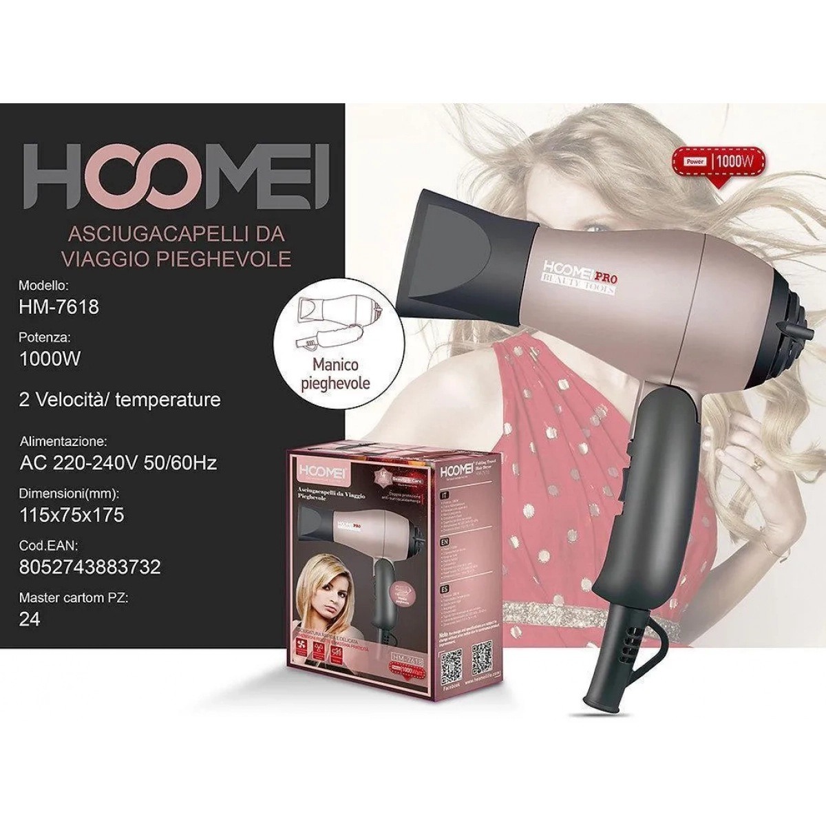 Πιστολάκι Μαλλιών Ταξιδίου 1000W Hoomei HM-7618 Ροζ
