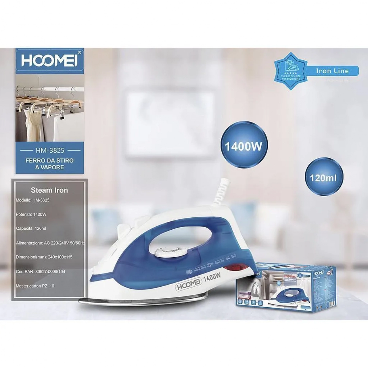 Σίδερο Ατμού 1400W 120ml με Συνεχόμενη Παροχή 10gr/min Hoomei HM-3825 Μπλε