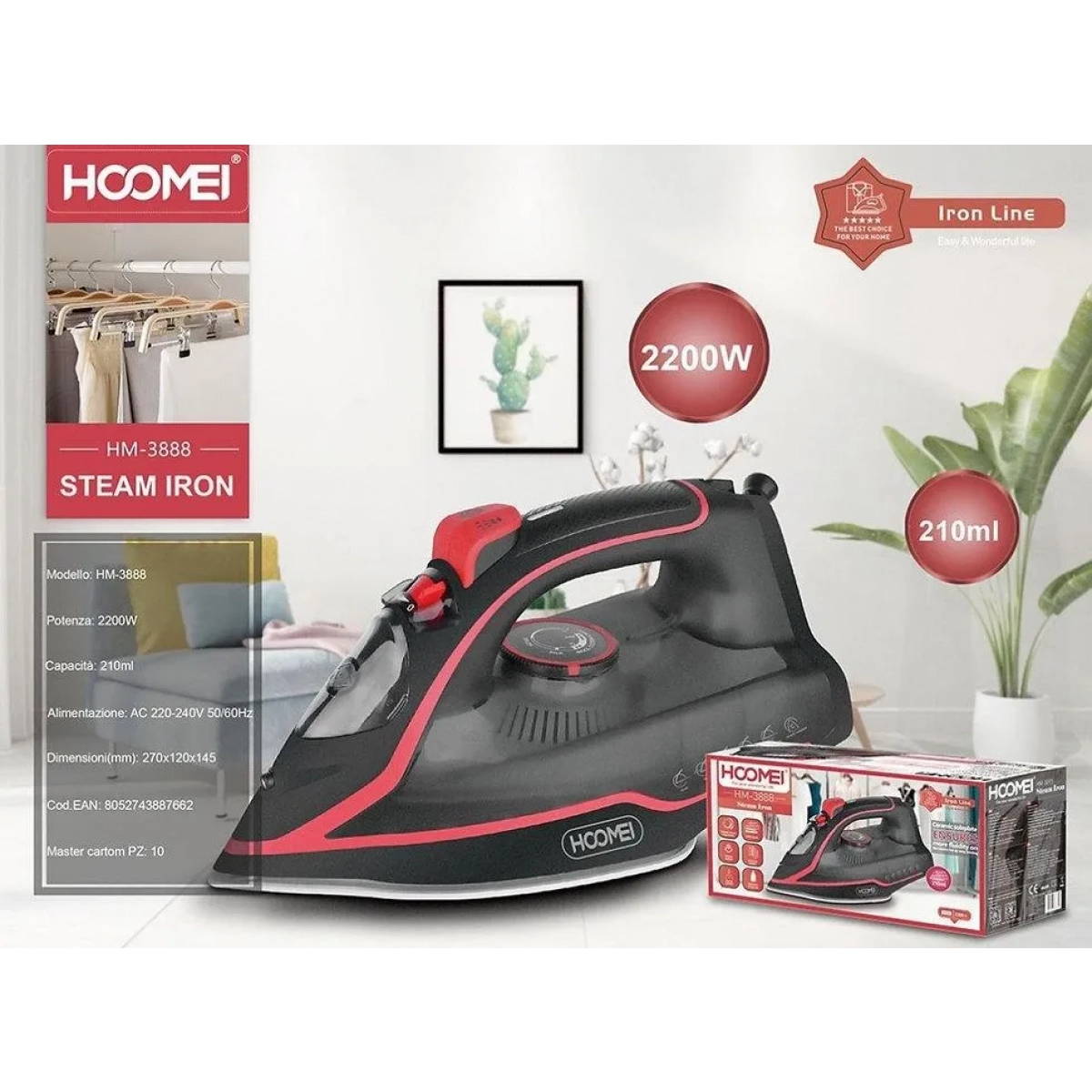 Σίδερο Ατμού 2200W 210ml Hoomei HM-3888 120 gr/min Μαύρο