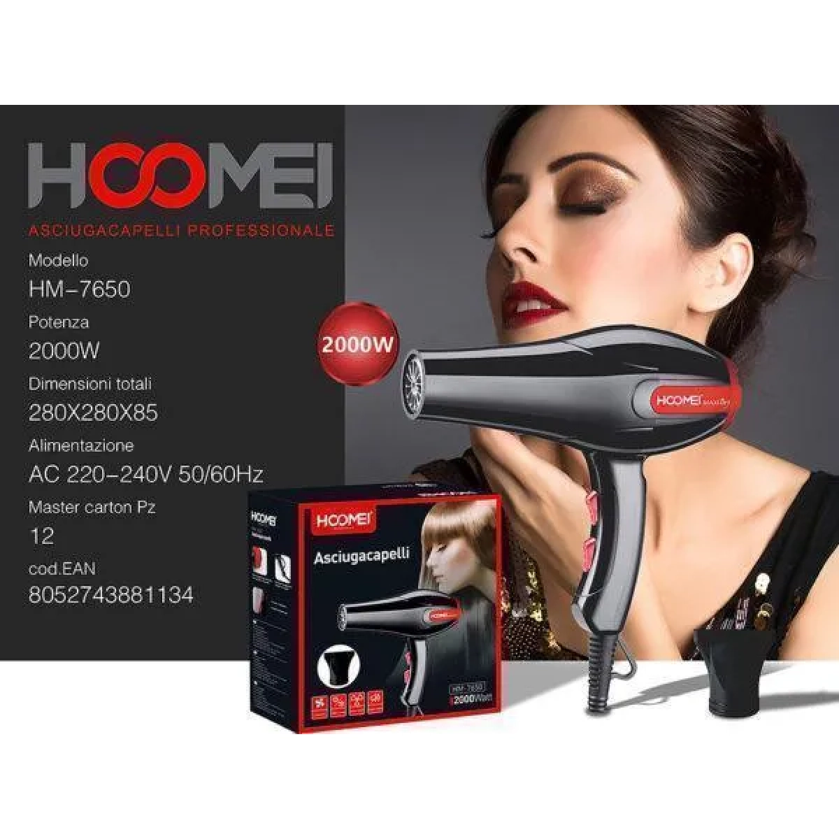 Πιστολάκι Μαλλιών 2000W Hoomei HM-7650 Μαύρο a