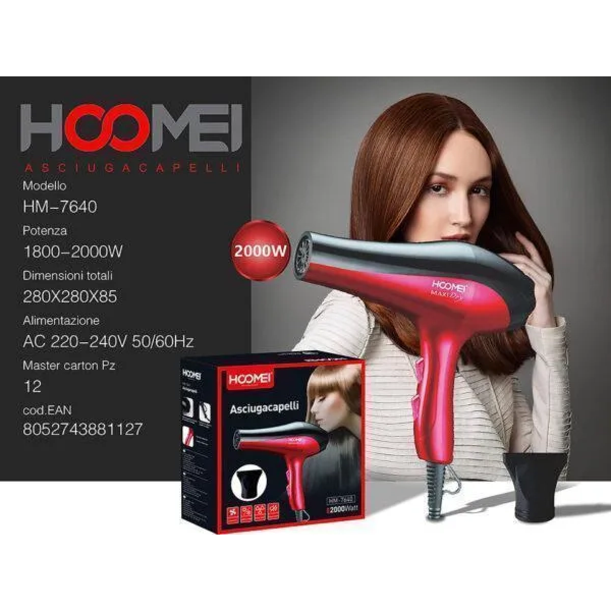 Πιστολάκι Μαλλιών 1800W Hoomei HM-7640 Φούξια a