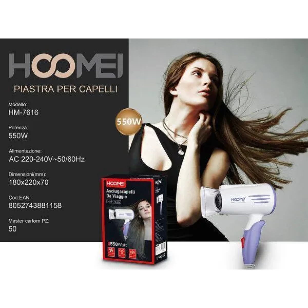 Πιστολάκι Μαλλιών Ταξιδίου 550W Hoomei HM-7616 Μωβ a