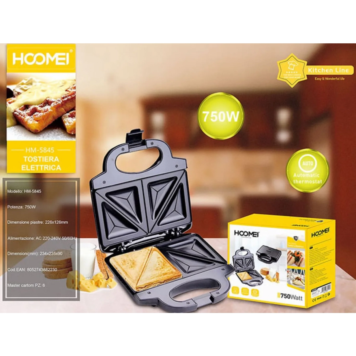 Τοστιέρα για 2 Τοστ 750W Hoomei HM-5845 Μαύρη b
