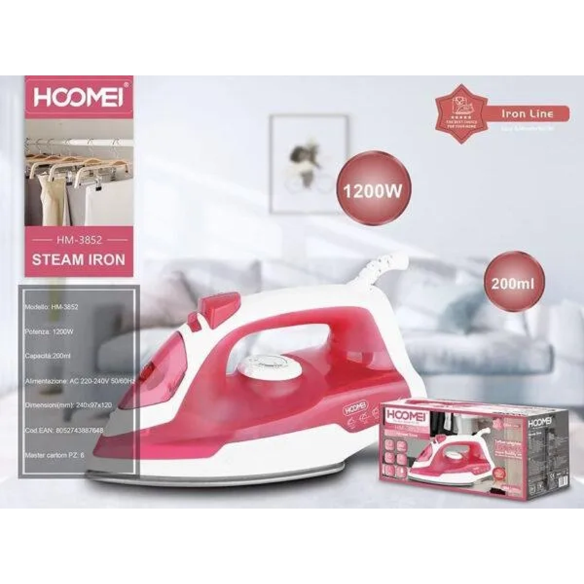 Σίδερο Ατμού 1200W 200ml Hoomei HM-3852 Ροζ