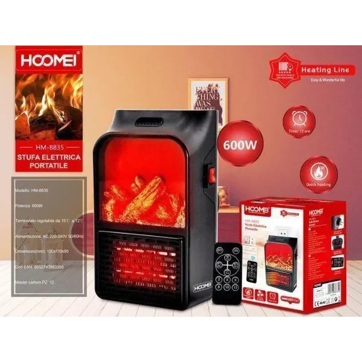 Αερόθερμο Τοίχου 600W Hoomei HM-8835 Mαύρο - Image 3