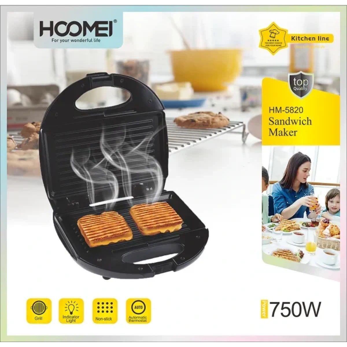 Hoomei HM-5820 Τοστιέρα για 2 Τοστ 750W Μαύρη - Image 3