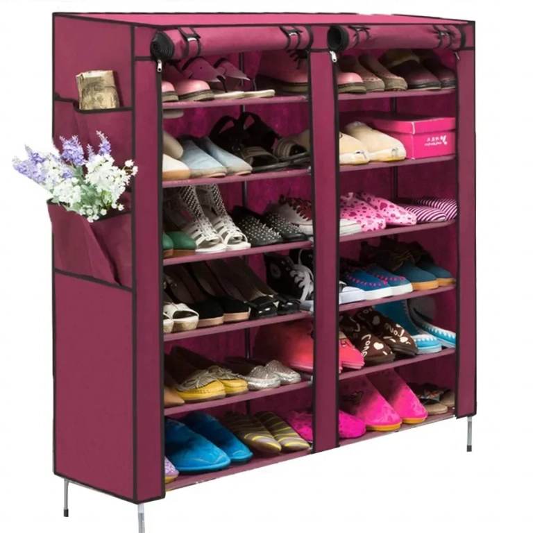 Διπλή Φορητή Υφασμάτινη Ντουλάπα-Παπουτσοθήκη T2712 Με 12 Ράφια 118x30x120cm Μπορντό