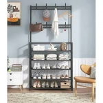 Μεταλλική Ραφιέρα Παπουτσοθήκη 172x60x28cm 5 Επιπέδων & Κρεμάστρα Εισόδου, Τουαλέτας Μπάνιου για Παλτά, Μπουφάν & Καπέλα Έπιπλο Εισόδου Μαύρo
