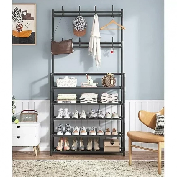 Μεταλλική Ραφιέρα Παπουτσοθήκη 172x60x28cm 5 Επιπέδων & Κρεμάστρα Εισόδου, Τουαλέτας Μπάνιου για Παλτά, Μπουφάν & Καπέλα Έπιπλο Εισόδου Μαύρo