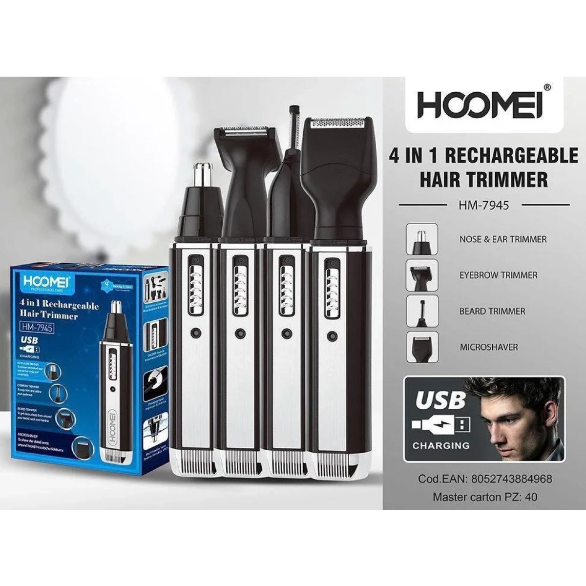 Σετ Κουρευτικής Μηχανής 4 σε 1 Hoomei HM-7945 Μαύρο