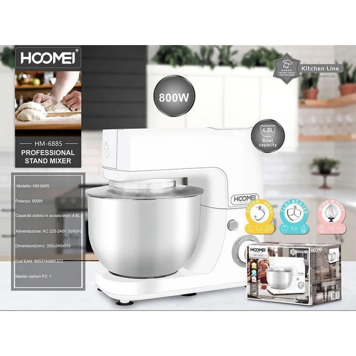 Κουζινομηχανή 800W με Ανοξείδωτο Κάδο 4.8lt Hoomei HM-6885 λευκό a