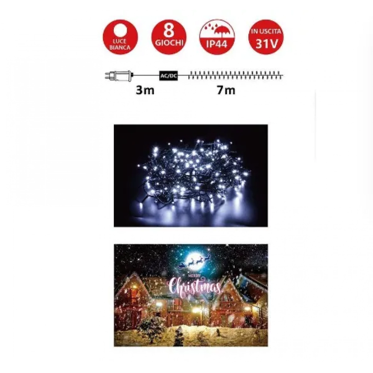 100 Χριστουγεννιάτικα Λαμπάκια LED Λευκά 10μ σε Σειρά με Πράσινο Καλώδιο εξωτερικού χώρου Arrango AN57294 a