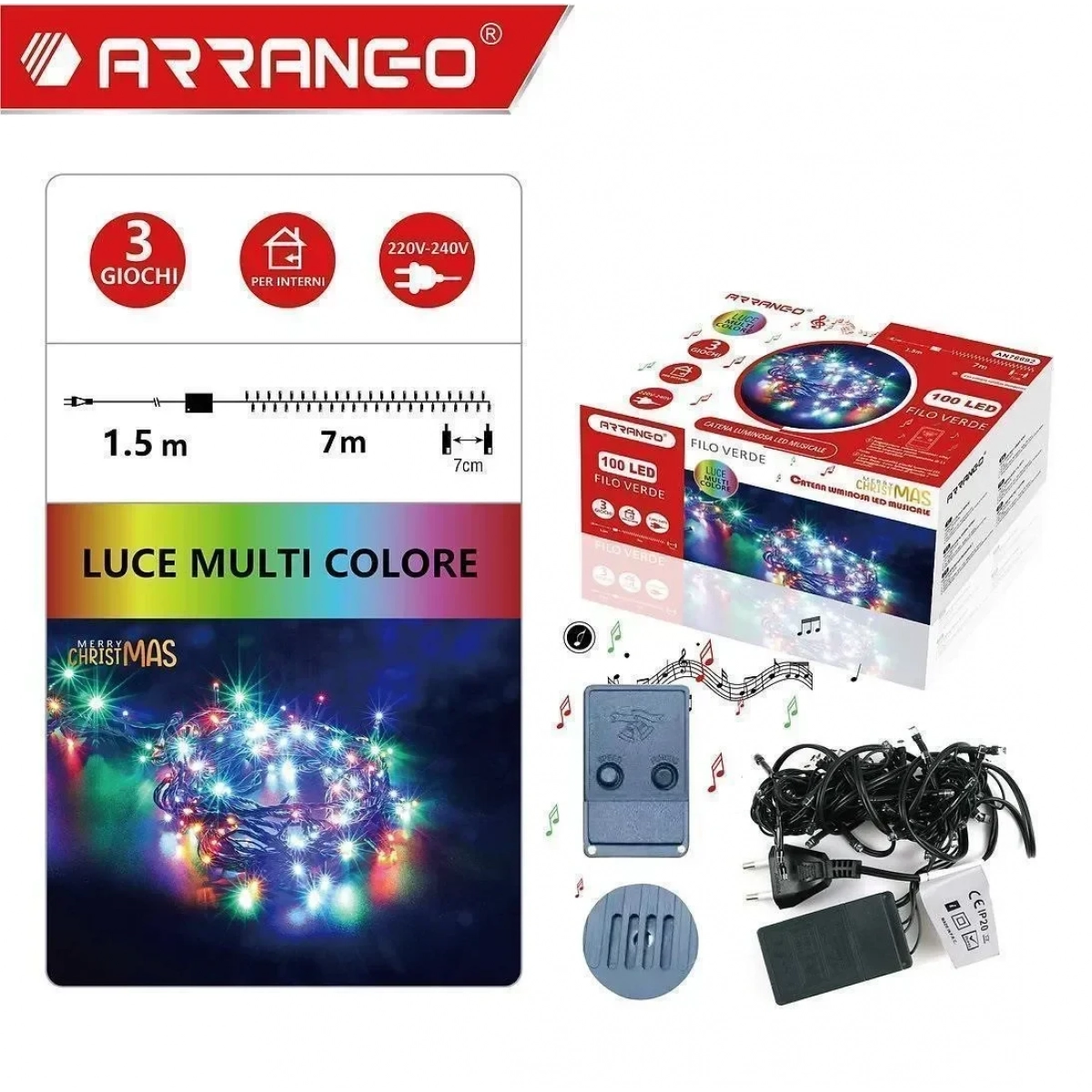 100 Χριστουγεννιάτικα Λαμπάκια LED Πολύχρωμα 8.5Μ σε Σειρά με Πράσινο Καλώδιο Arrango AN76692 - Image 2
