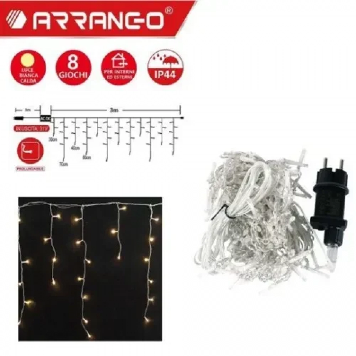Φωτιστικό κουρτίνας χαμηλής τάσης με 100LED Αδιάβροχο IP44 Θερμό λευκό 3μ+3μ καλώδιο και 8 προγράμματα Arrango AN57349