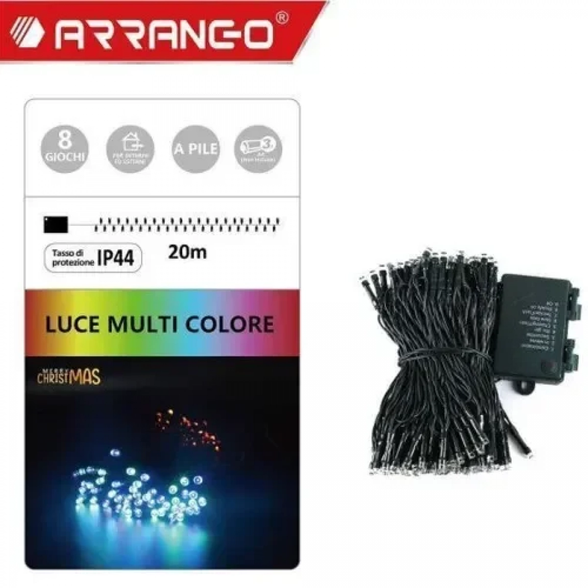 200 Χριστουγεννιάτικα Λαμπάκια LED Αδιάβροχα IP44 Πολύχρωμα 20Μ Εσωτερικού και Εξωτερικού χώρου σε Σειρά με Πράσινο Καλώδιο Arrango AN57501
