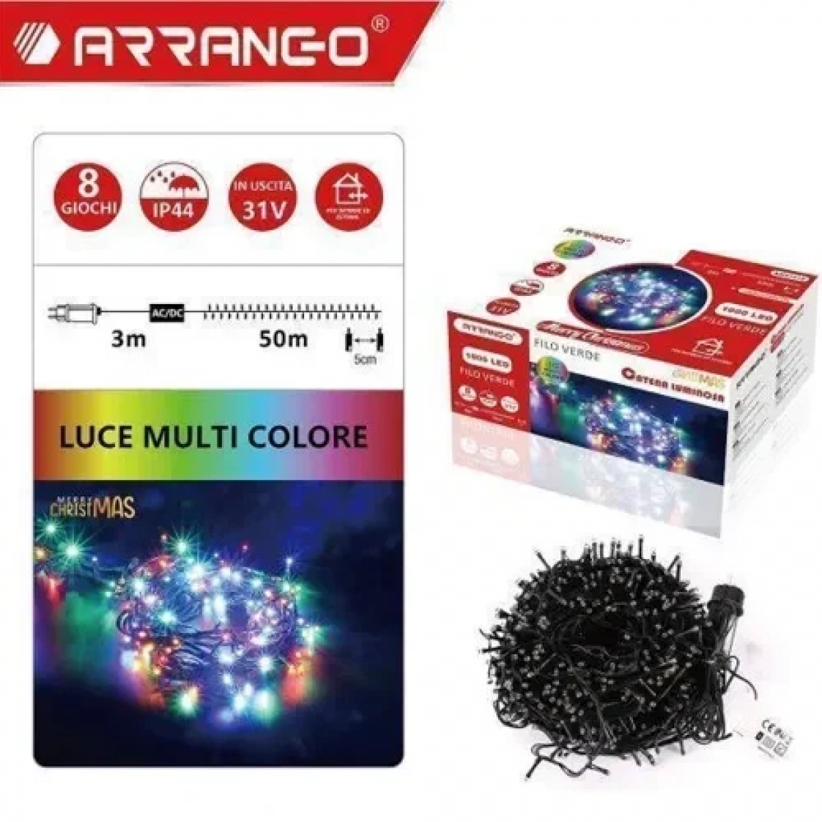 1000 Χριστουγεννιάτικα Λαμπάκια LED Πολύχρωμα 53Μ Εξωτερικού χώρου σε Σειρά με Πράσινο Καλώδιο Arrango AN57315