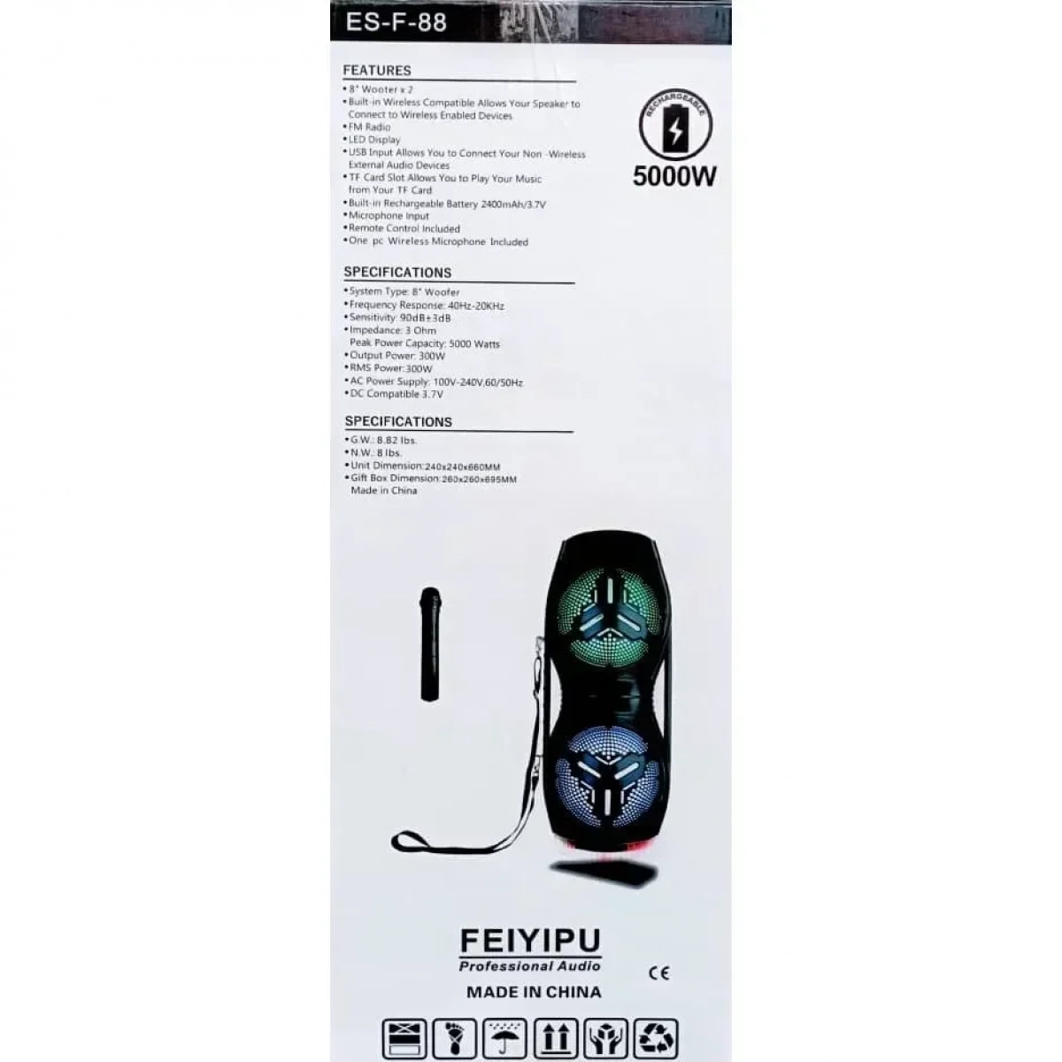 Ηχείο Bluetooth Επαγγελματικό 2000w 8” Wooter x 2 Με Μικρόφωνο και Χειριστήριο ES-F-88 - Image 2