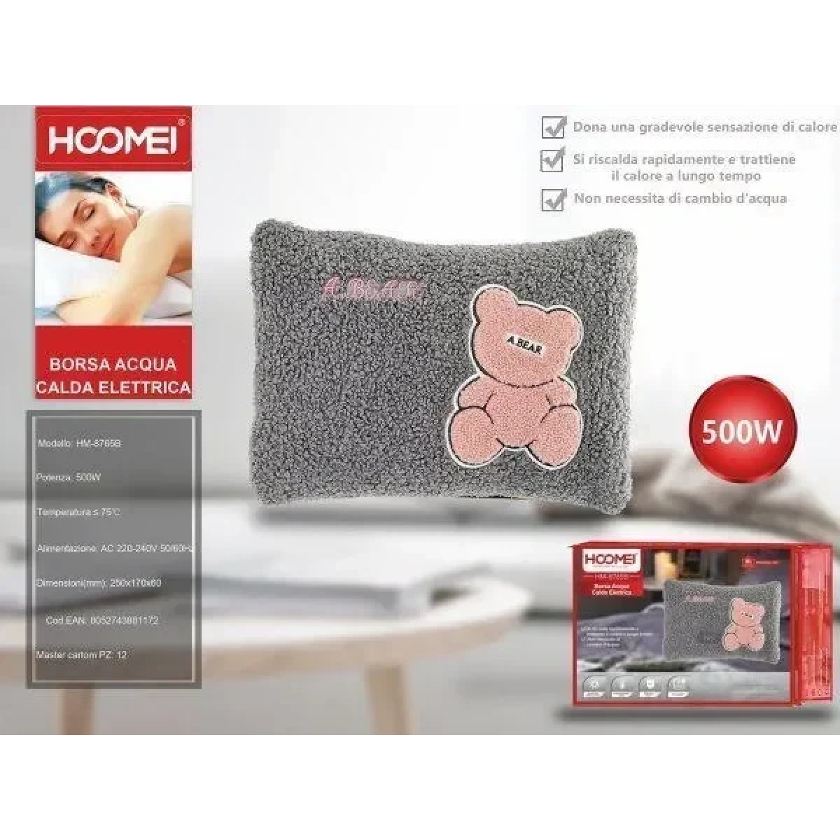 Hoomei Ηλεκτρική Θερμοφόρα - Μαξιλάρι 500W με Θήκη για τα Χέρια Γενικής Χρήσης 25x17x6cm A Bear - Γκρι - Image 2