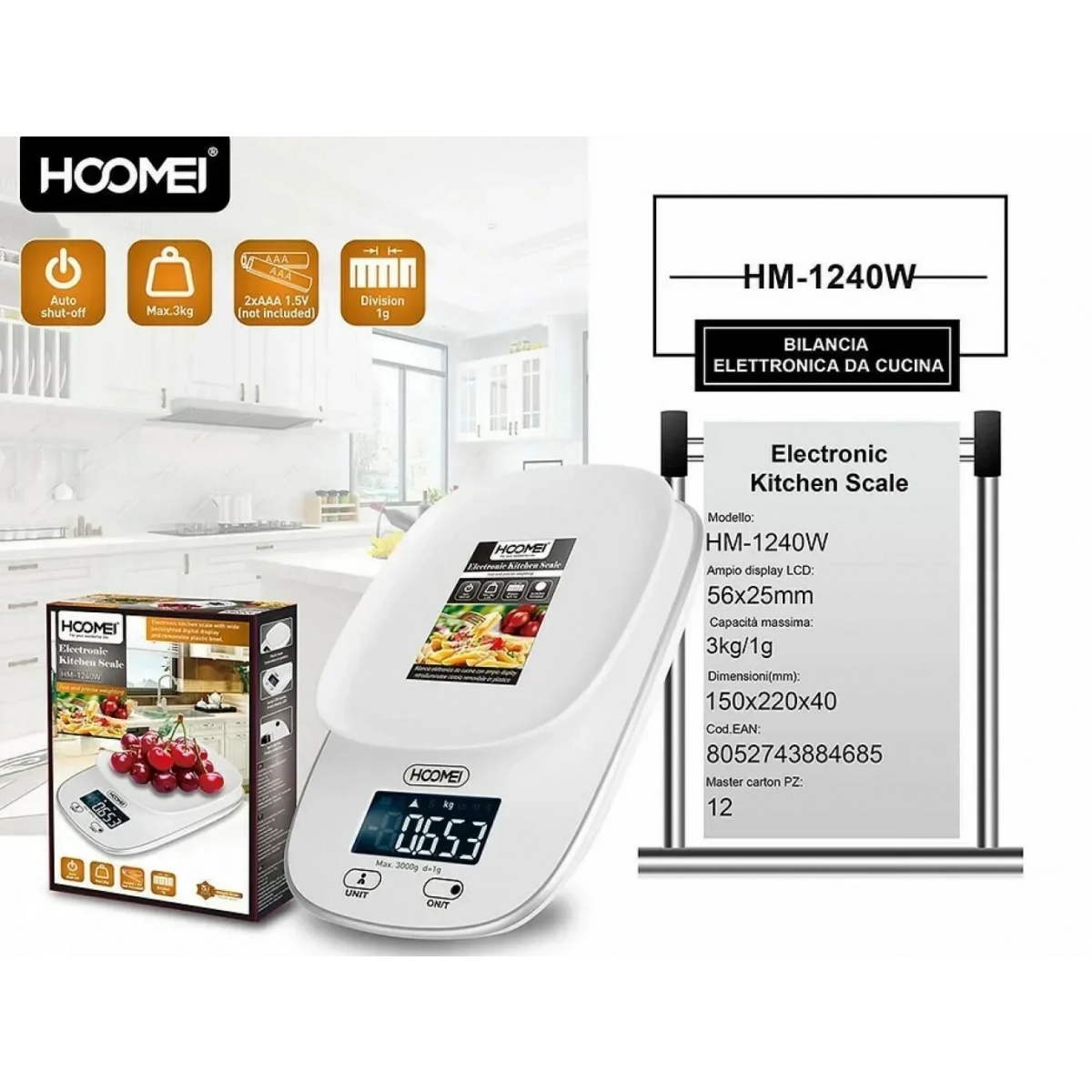 Hoomei HM-1240W Ψηφιακή Ζυγαριά Κουζίνας 1gr/3kg Λευκή - Image 3