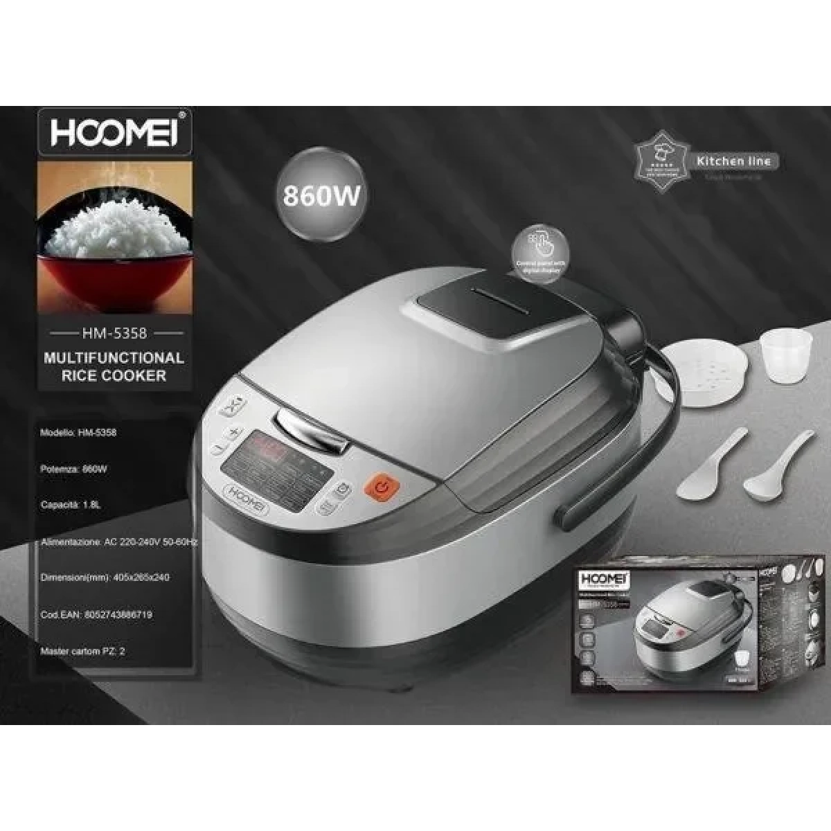 Βραστήρας Ρυζιού 860W με Χωρητικότητα 1.8lt Hoomei HM-5358 Ασημί - Image 5