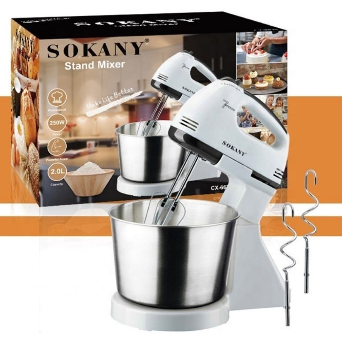 Μίξερ με Inox Κάδο 2lt Λευκό 250W Sokany CK-6620