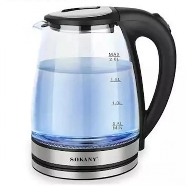 SOKANY Γυάλινος Βραστήρας νερού 2lt 1500W με φωτισμό σε Ασημί χρώμα, SK-1029