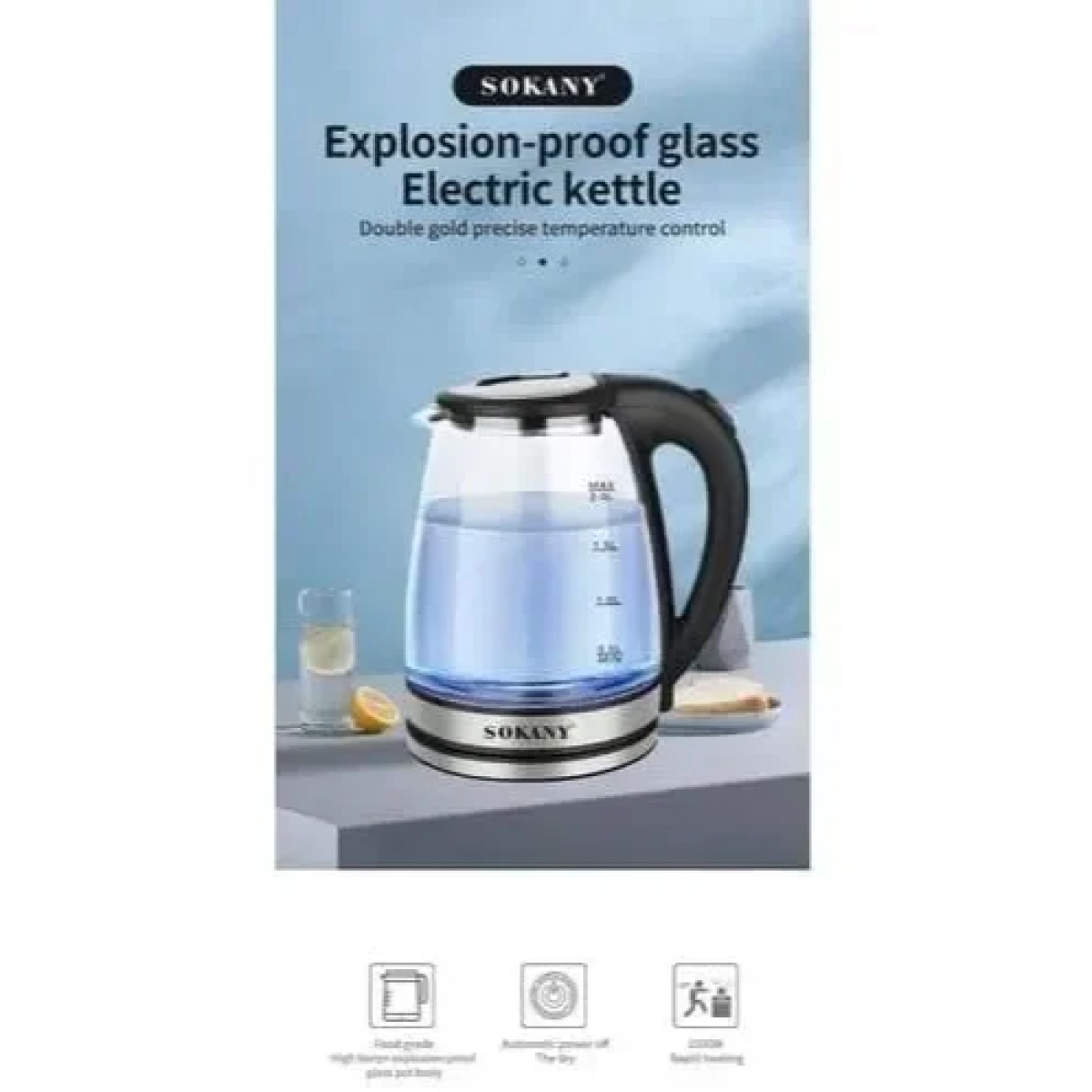 SOKANY Γυάλινος Βραστήρας νερού 2lt 1500W με φωτισμό σε Ασημί χρώμα, SK-1029