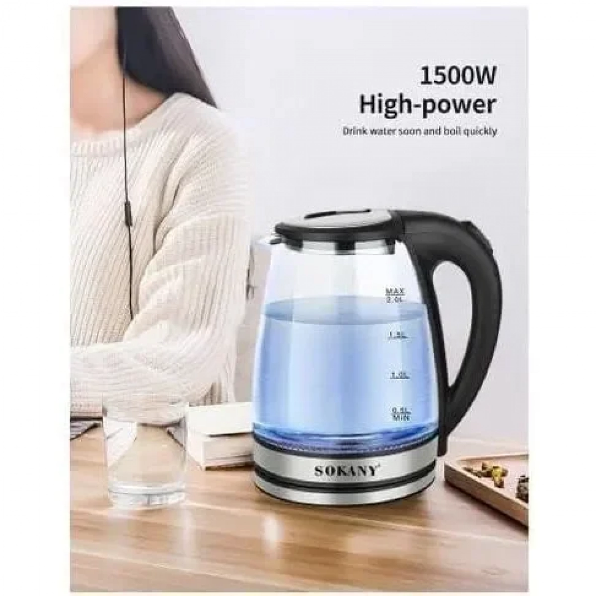SOKANY Γυάλινος Βραστήρας νερού 2lt 1500W με φωτισμό σε Ασημί χρώμα, SK-1029
