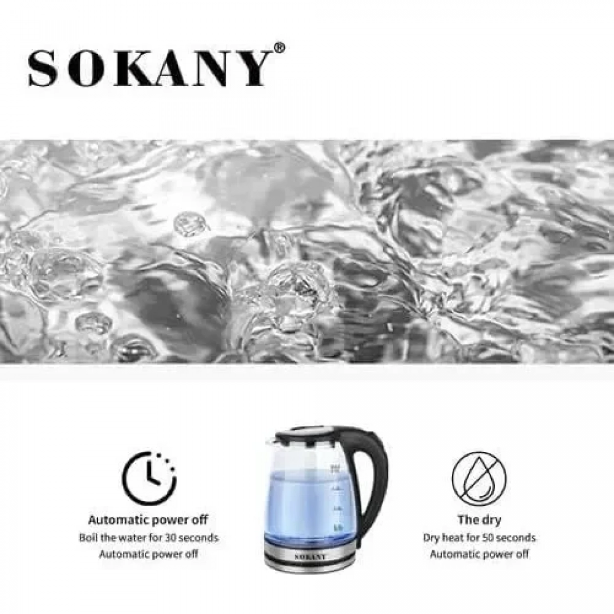 SOKANY Γυάλινος Βραστήρας νερού 2lt 1500W με φωτισμό σε Ασημί χρώμα, SK-1029
