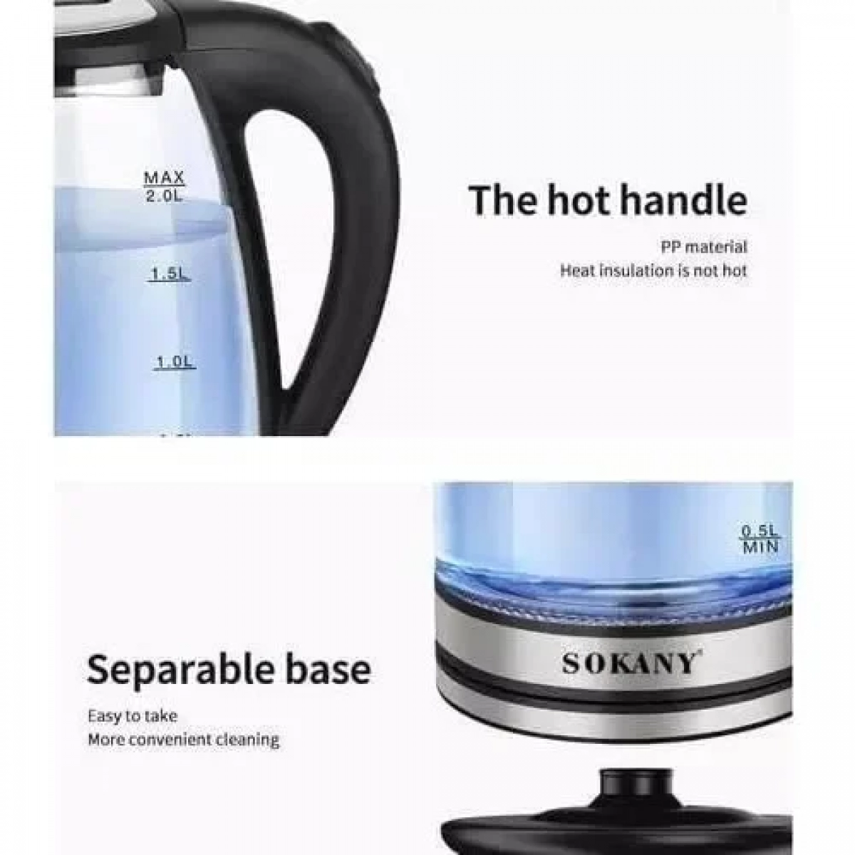SOKANY Γυάλινος Βραστήρας νερού 2lt 1500W με φωτισμό σε Ασημί χρώμα, SK-1029