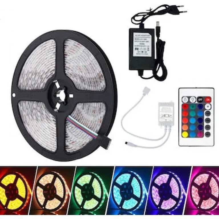 Αδιάβροχη Ταινία LED Τροφοδοσίας 12V RGB Μήκους 5m και 60 LED ανά Μέτρο Σετ με Τηλεχειριστήριο και Τροφοδοτικό Τύπου SMD5050