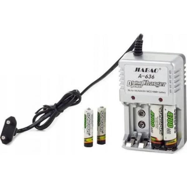Jiabao A-636 Φορτιστής 4 Μπαταριών Ni-Cd/Ni-MH Μεγέθους AA/AAA/9V Σετ με 4x AA 4700mAh σε Λευκό χρώμα
