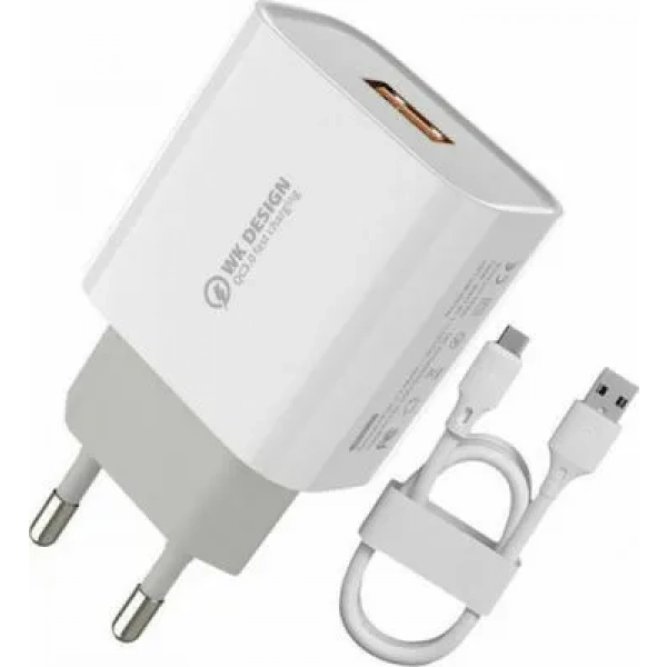 WK Φορτιστής με Θύρα USB-A και Καλώδιο USB-C 18W Quick Charge 3.0 Λευκός (WP-U57)