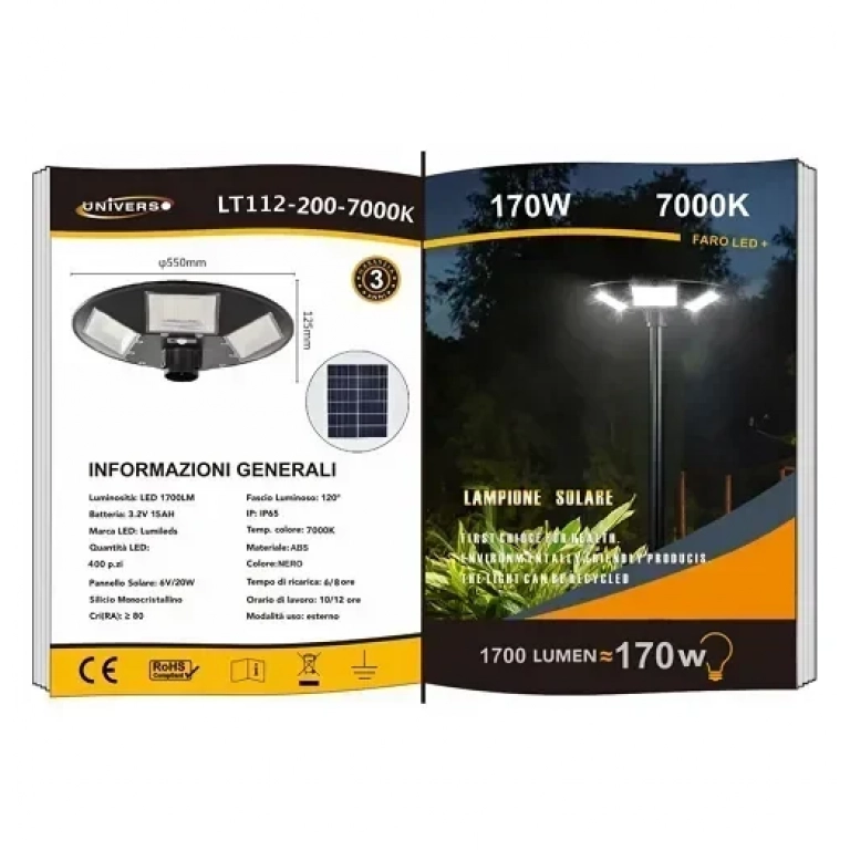 Ηλιακή Λάμπα 170W 3 Μέτρα Με Τηλεχειριστήριο Λευκό Φως