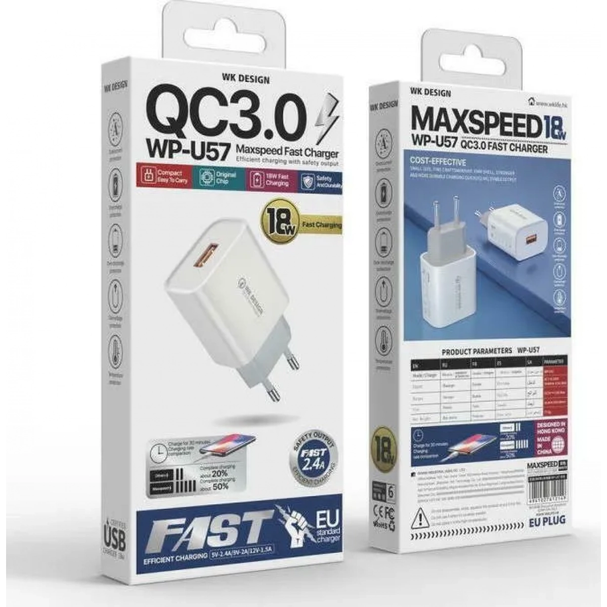WK Φορτιστής USB-A 18W Quick Charge 3.0 Λευκός (WP-U57) 2