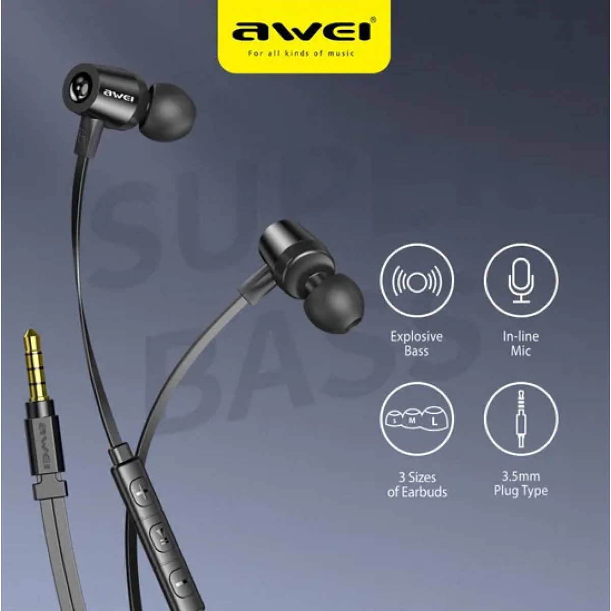 Awei Superbass L1 In-ear Handsfree με Βύσμα 3.5mm Μαύρο - Image 2