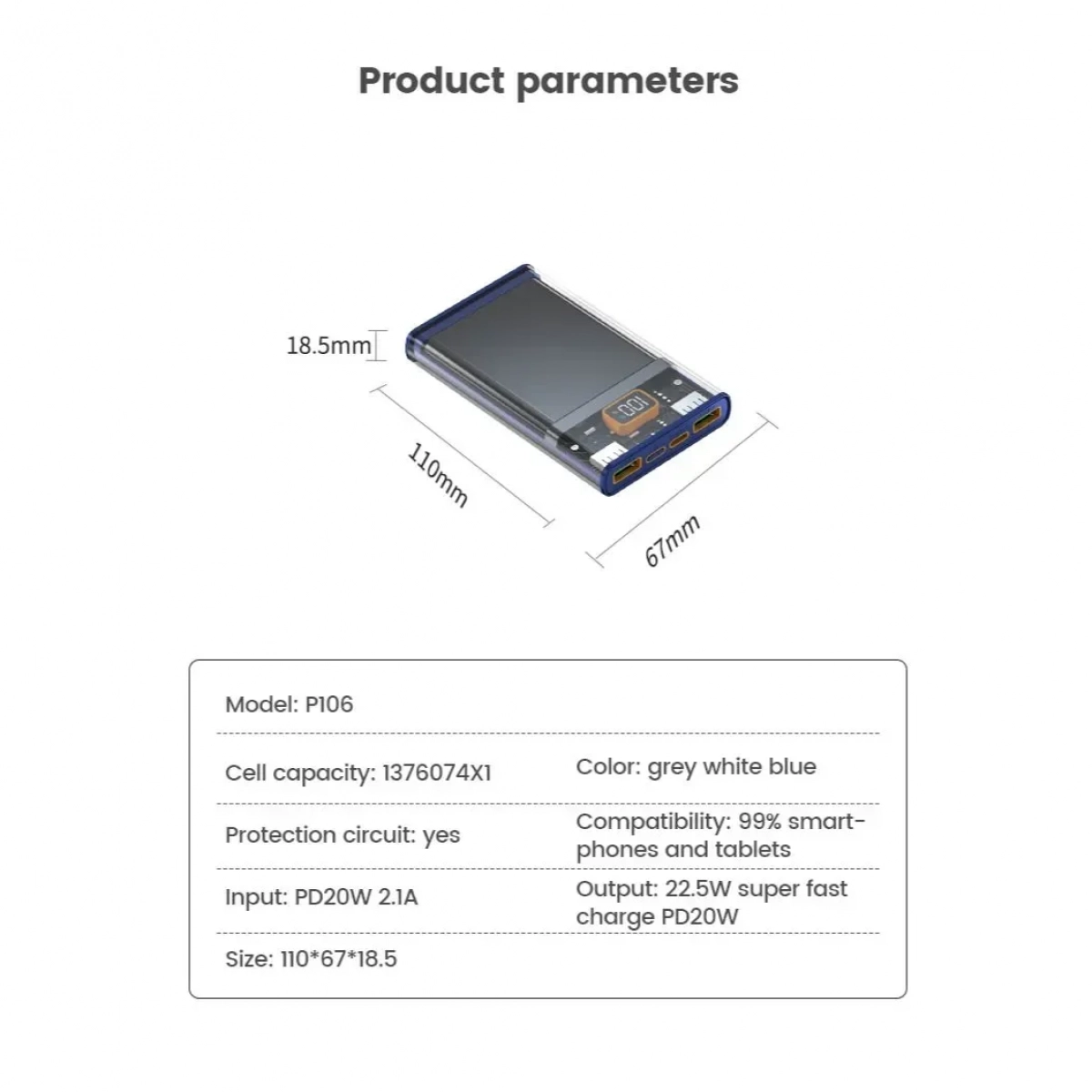Διάφανο Powerbank Μπαταρία 20000mAh με 2 Θύρες USB 22.5 W Fast Charging Y161